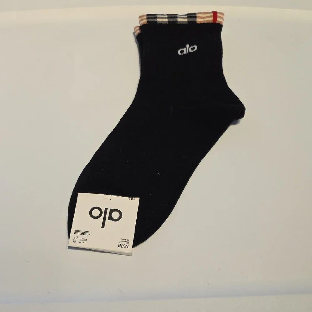 ALO Yoga Black Ankle Socks with Plaid Trim